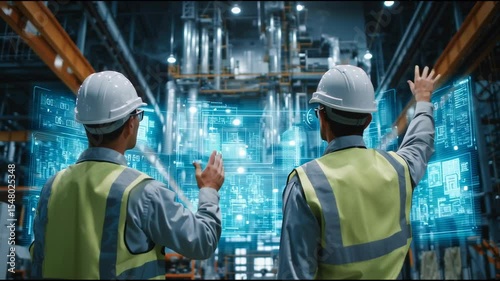 Two engineers wearing safety helmets and vests examine holographic designs and data in a high-tech manufacturing plant, showcasing the integration of technology in industry