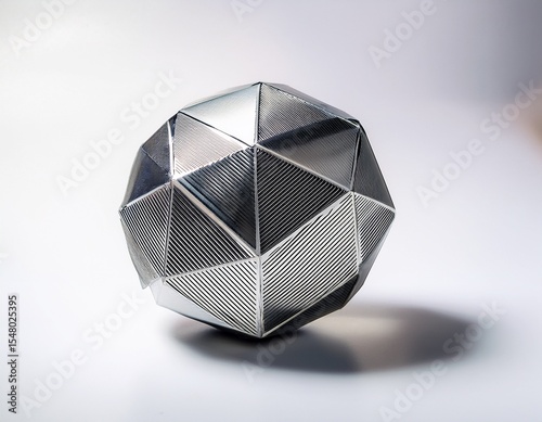 a bold metal paperweight with a geometric design resting on a pristine white surface
