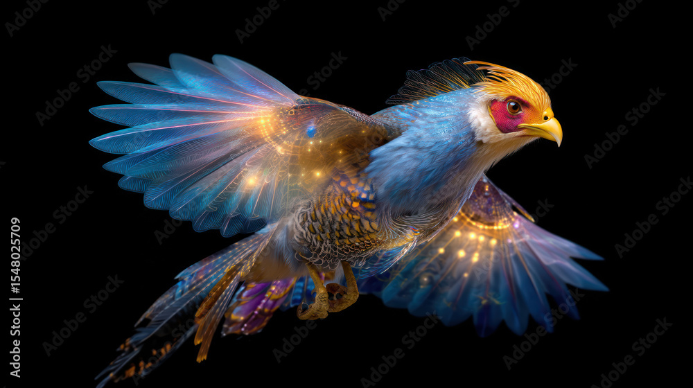 Obraz premium Bright fantastic firebird or phoenix on black background, in flight