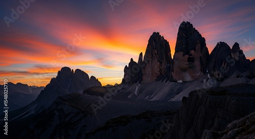 Dramatic Dolomites Tre Cime Peaks Silhouetted Against Fiery Sunset Sky.