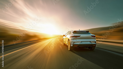 A silver electric car speeds down a long, straight desert highway with motion blur, showcasing sustainable travel against a dramatic sunset and wide-open landscape.

