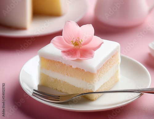 a piece of cake with a single flower on icing pastel shades and airiness