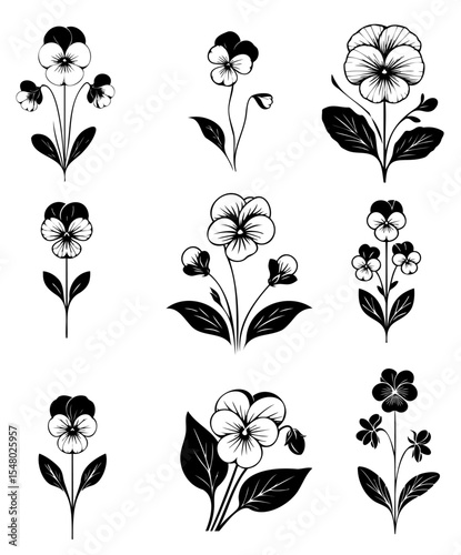 Minimalist Viola Pansy Vector Flower Designs, Stylized Floral Collection for Modern Art, Simple Botanical Graphics, and Elegant Eco Illustrations in Clean Style