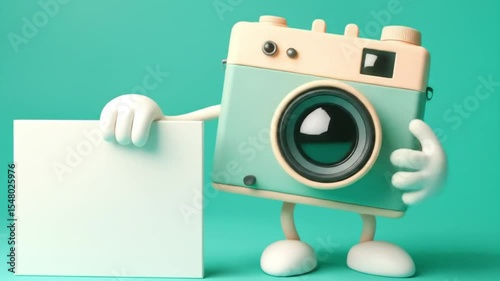 Cartoon camera character holding blank sign on teal background  