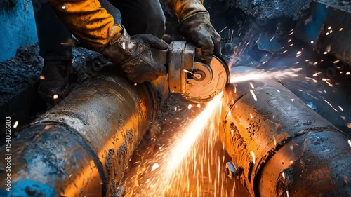 Skilled worker cuts through metal pipes at an industrial site, creating a shower of sparks in a dim light