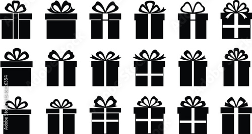 Gift box icons with ribbons, black silhouette present boxes, festive packaging symbols, celebration surprise design, birthday Christmas gift elements, vector holiday illustration collection