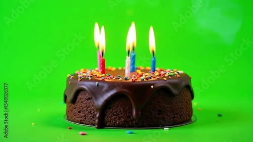 Delicious Chocolate Birthday Cake with Lit Candles Festive Green Background Perfect for Celebrations