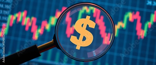Magnifying glass enlarging dollar sign icon on financial chart, money, analytics
