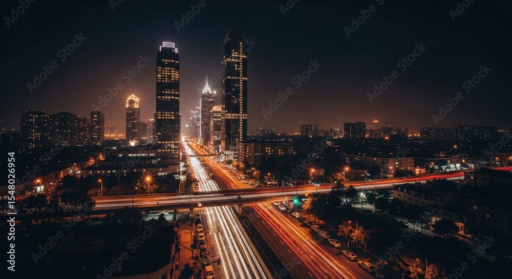 Obraz premium Cityscape at night with tall buildings and long exposure of car lights on the streets below