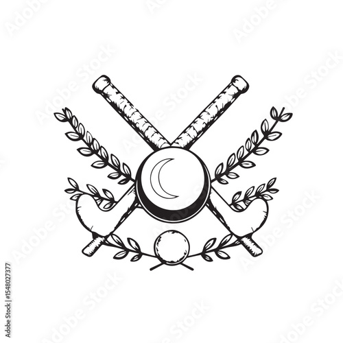 Two crossed hockey sticks with a puck and leaves, isolated on white background
