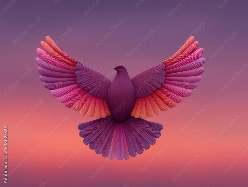 Obraz premium Captivating stylized bird with vibrant pink and purple feathers gracefully soaring against a dreamy sunset background embodying freedom and creativity captured with clarity
