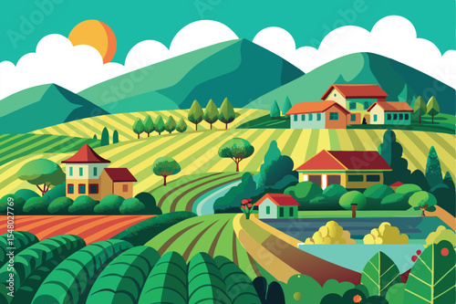 Serene Countryside Landscape Rolling Hills, Farmhouses, and Lush Green Fields