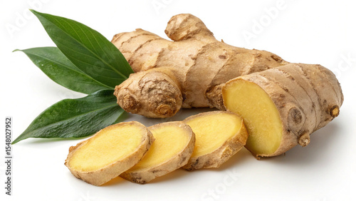 Fresh ginger root with sliced pieces and green leaves isolated on white background