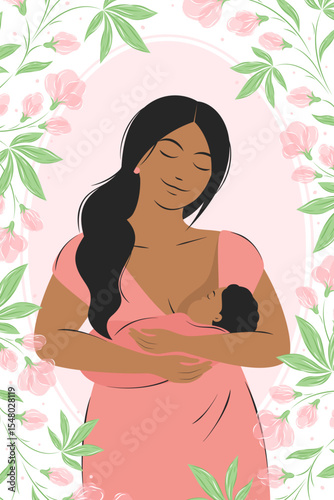 Banner about breastfeeding and motherhood. Woman  feeding baby. Tips for breastfeeding mothers. Infographics, different data, informations in frames about breastfeeding. Vector illustration.