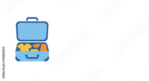 Suitcase packed with clothes and travel essentials in blue color  