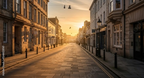 Empty street bathed in golden sunrise light lined with historic buildings and bollards.