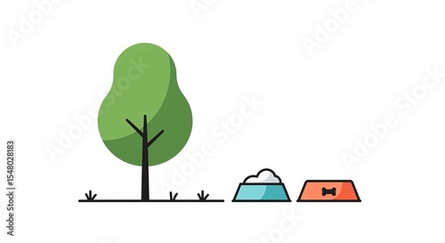 Tree with pet food bowl and water dish in summer garden setting  