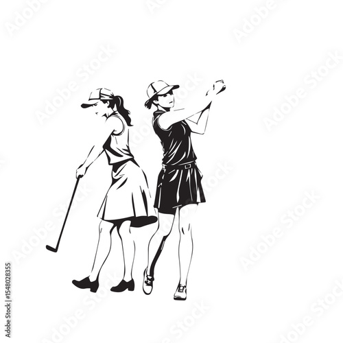 Two female golfers swinging their clubs on a golf course