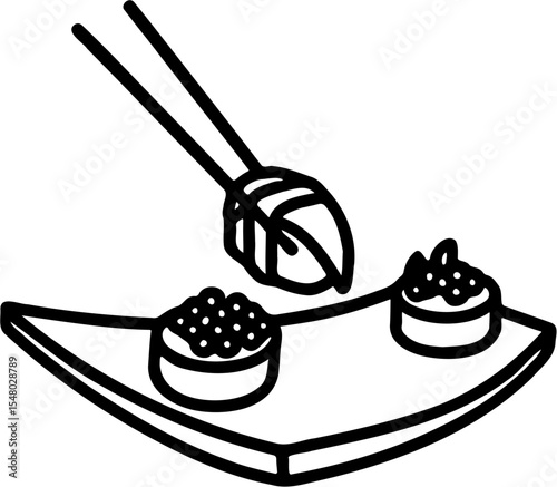 vector line art illustration of sushi and chopsticks, isolated on white