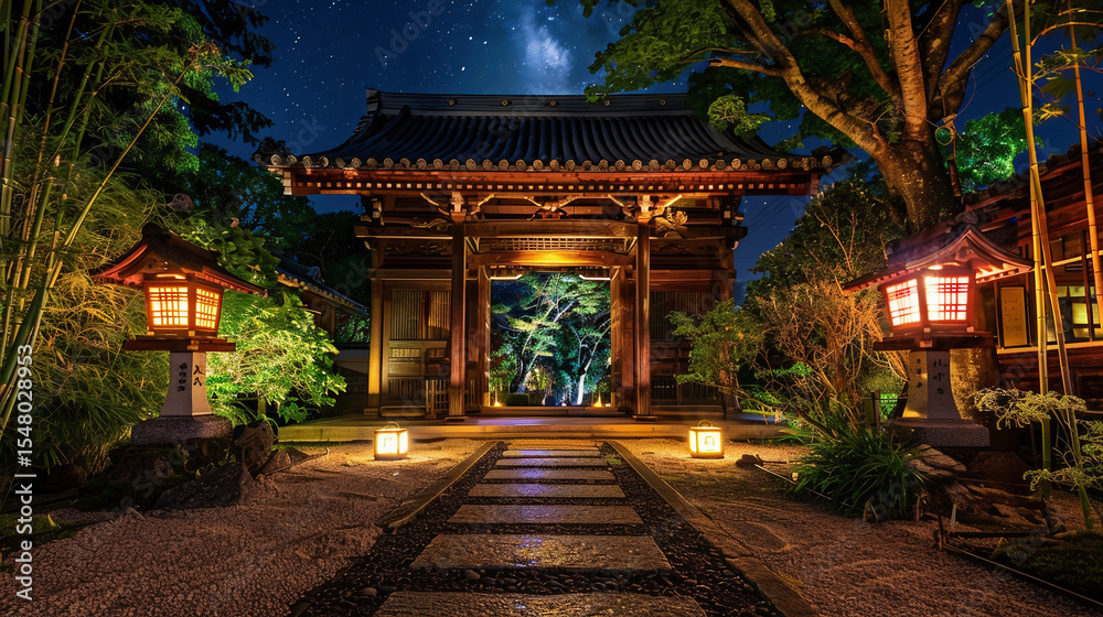 Obraz premium 灯籠に導かれる夜の神社