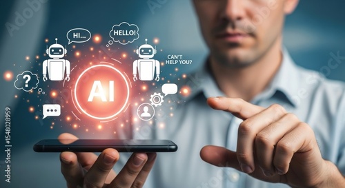A man holding a phone with ai icons and robots floating above it in a digital futuristic scene
