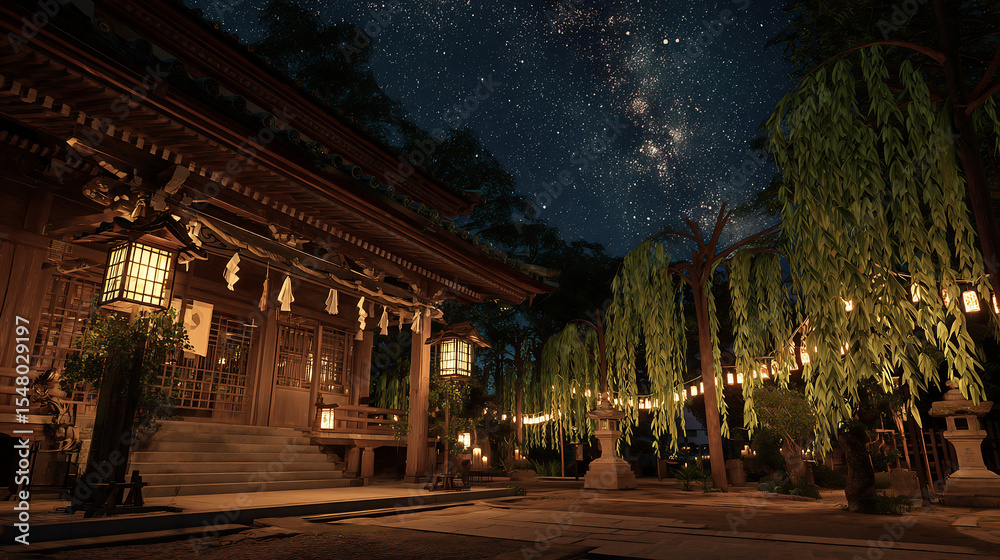 Naklejka premium 柳揺れる静寂の神社