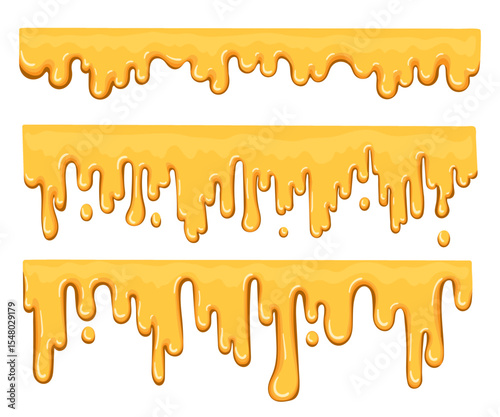 Sticky amber liquids, drops. Dripping melted honey sweet splash collection. Golden flow syrup fluid