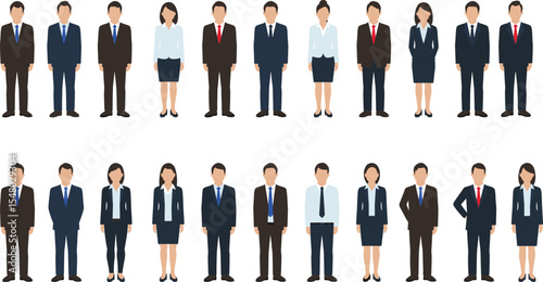 Business professionals and teams, a diverse group of men and women in suits, stand as a powerful silhouette, illustrating success and teamwork in the office