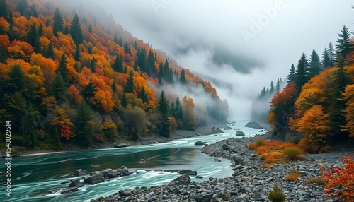 Misty peaks, cascading river, vibrant autumn hues, textured brushstrokes, background, oriental