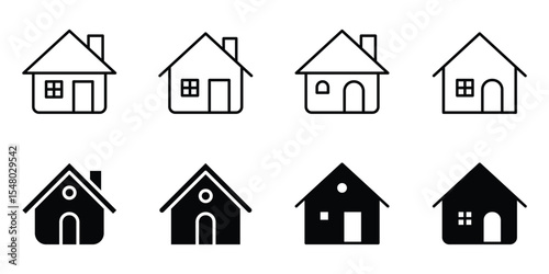 Solid and line style black home icons in modern style, suitable for UI design, apps, or navigation menus.