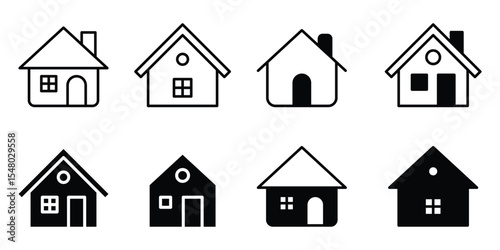 Solid and line style black home icons in modern style, suitable for UI design, apps, or navigation menus.