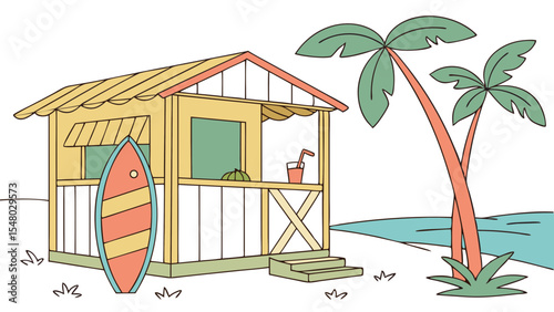 Illustration of a beach hut with a surfboard, palm trees, and a drink on a sunny day near the ocean view