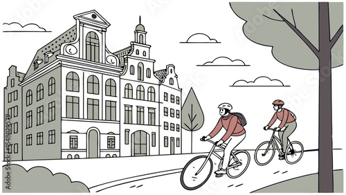 Two cyclists ride past old buildings under a cloudy sky on a road with a tree to the right side