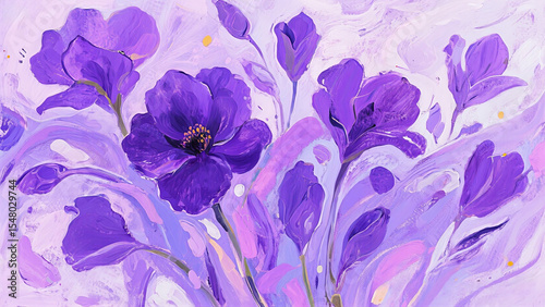 An exquisite abstract painting featuring vibrant violet and soft lavender flowers, blending shapes and colors in a gentle, dreamy composition with prominent brushstrokes.