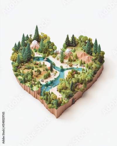 Heart-shaped earth map featuring forests rivers and deserts in a natural environment