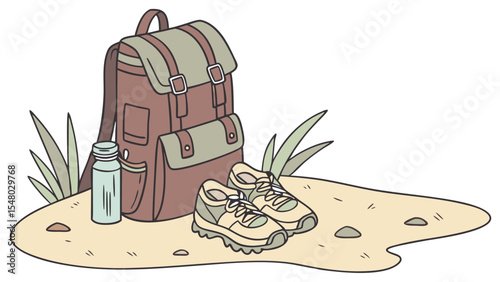 Illustration of a backpack, water bottle, and hiking shoes on a sandy surface with grass tufts around it