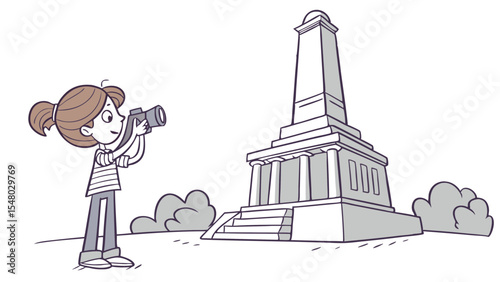 Girl taking a picture of a tall monument with a camera in an outdoor setting with bushes around it