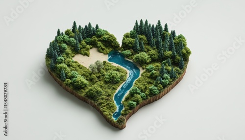 Heart-shaped map of earth environment focused on forests rivers and deserts nature scene aerial view eco-consciousness