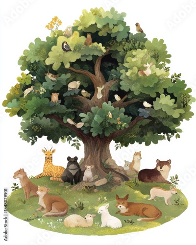 Peaceful gathering of diverse animal species under a tree earth environment nature illustration serene viewpoint