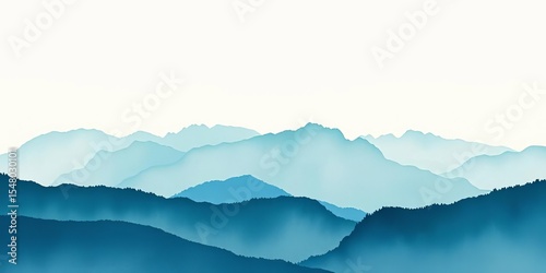 Misty watercolour mountain range, soft blues and greens, textured paper effect, art, mountains