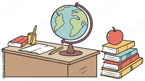 Illustration of a desk with books, a globe, pencils, paper, and an apple, creating a school setting scene