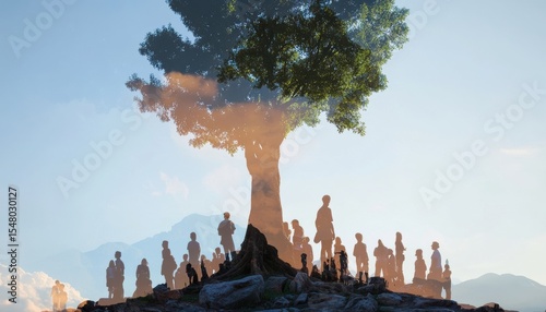 Crowd interaction with nature earth and environment through double exposure art in scenic outdoor landscape