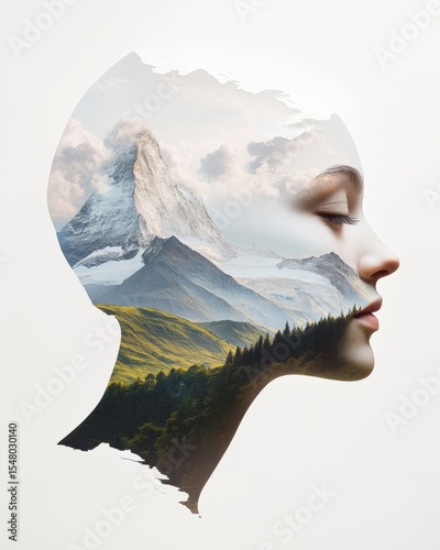 Human face merging with majestic mountains nature's beauty creative double exposure earth and environment serene viewpoint
