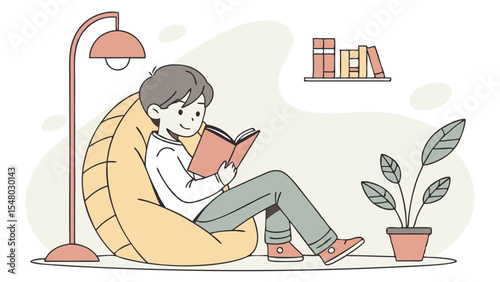 Illustration of a person reading a book while sitting in a beanbag chair with a lamp and plant nearby