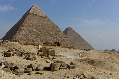 View of the Pyramids of Chephren and Cheops in Giza, Egypt