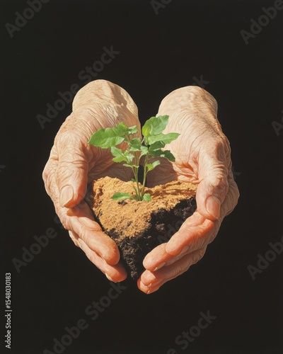 Elderly hands planting a seedling in real soil earth environment nature scene close-up view growth concept