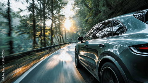A modern gray SUV speeds along a winding, sun-drenched forest road, captured with dynamic motion blur, highlighting adventure, nature, and the thrill of the journey.


