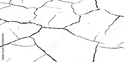 Generate a high-contrast black and white image showcasing a network of irregular cracks across a white surface, forming sharp, angular lines that intersect and branch out,creating a fragmented pattern