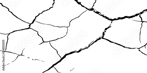 Generate a high-contrast black and white image showcasing a network of irregular cracks across a white surface, forming sharp, angular lines that intersect and branch out,creating a fragmented pattern