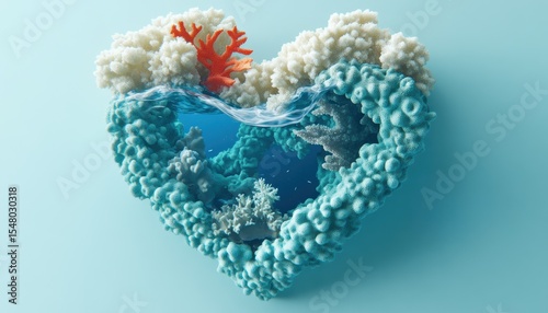 Ocean waves form heart-shaped coral reef art celebrating earth and environment underwater scenic view